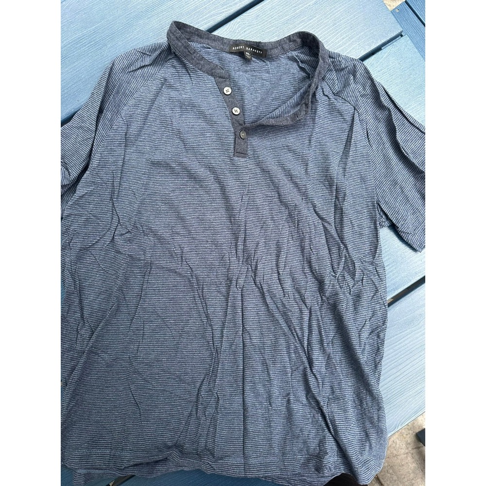 Robert Barakett Mens XXL Blue Striped Short Sleeve Henley Shirt 3-Button Raglan